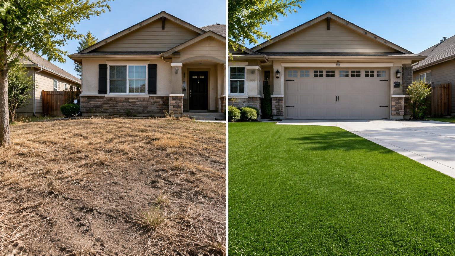 Before and after artificial turf front yard