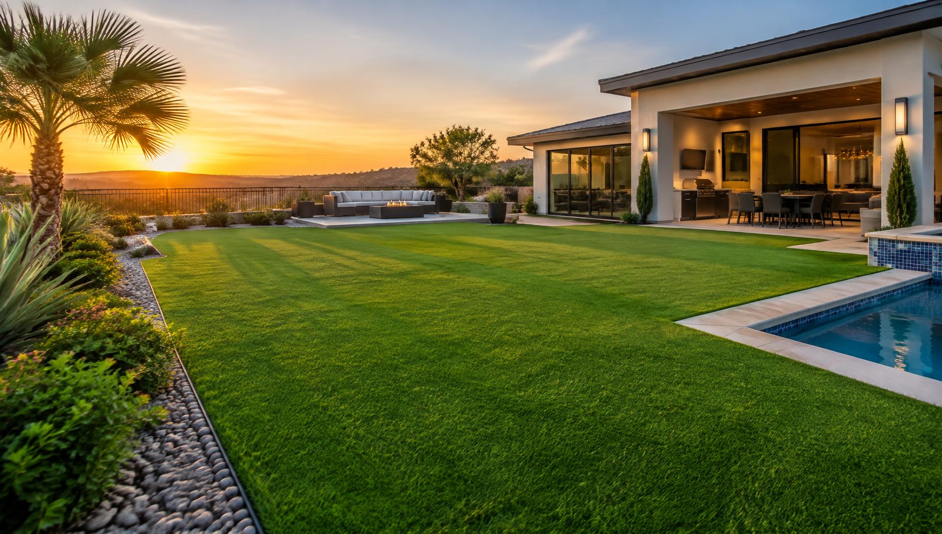 Lush artificial turf backyard at sunset